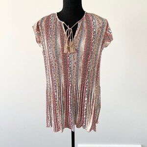 Zac & Rachel Floral Ruffled Cap Sleeve Pleated Blouse With Tassels